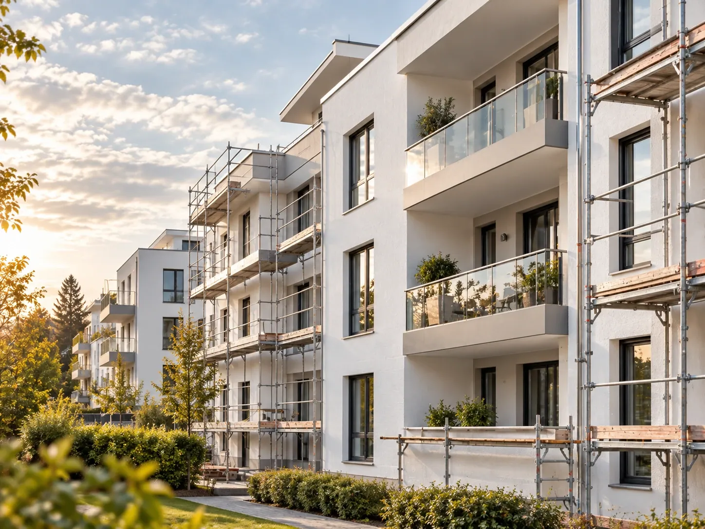 Symbolbild: Mehrfamilienhaus mit heller Putzfassade und Gerüst