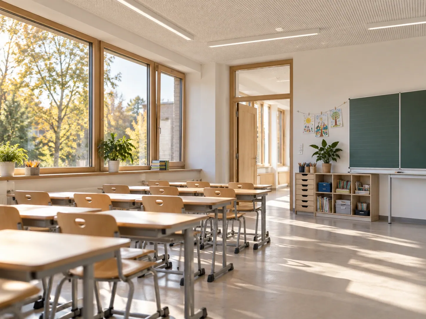 Symbolbild: heller Klassenraum mit Akustikdecke